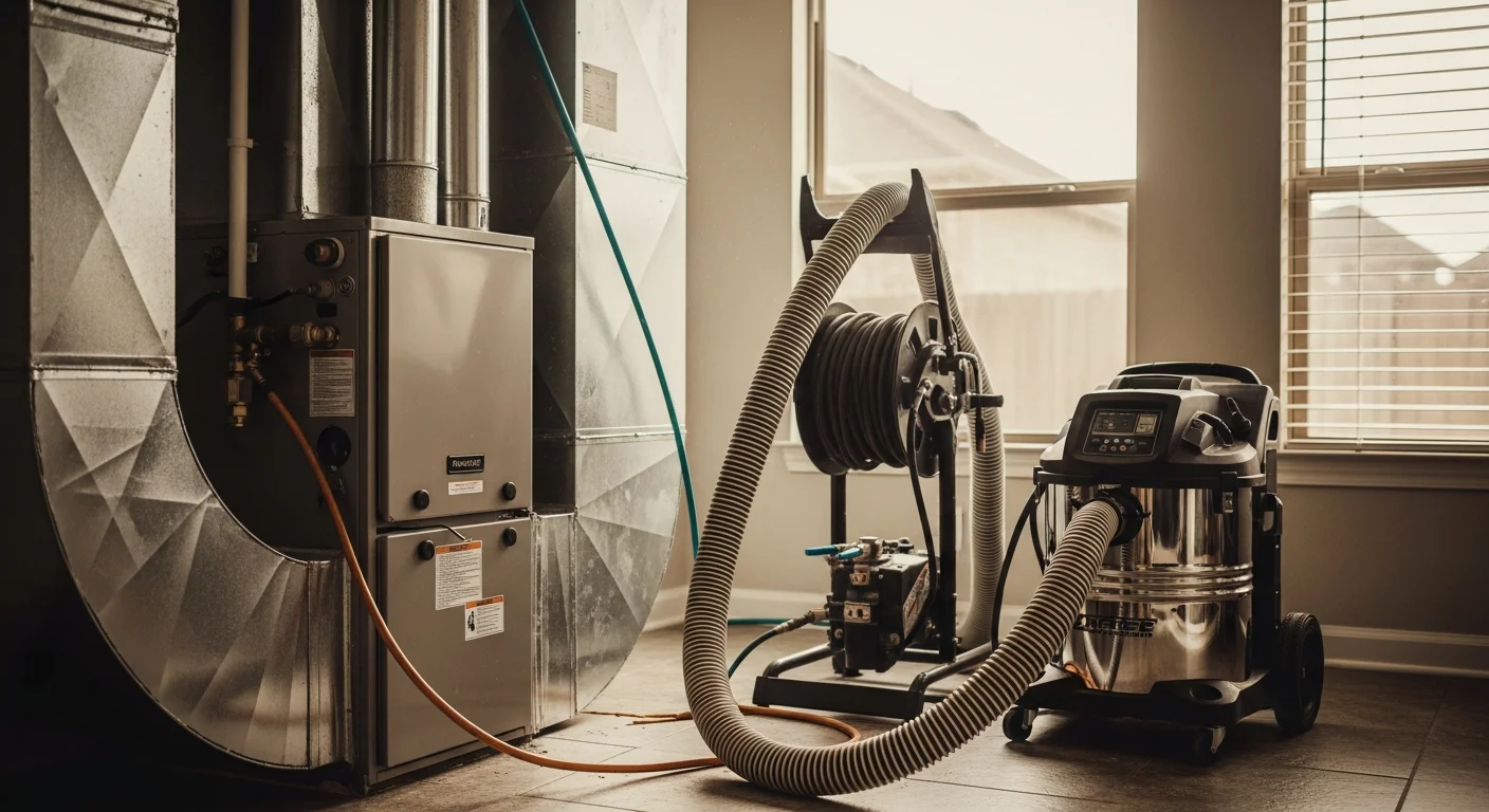 Professional air duct cleaning equipment and technician performing ductwork inspection