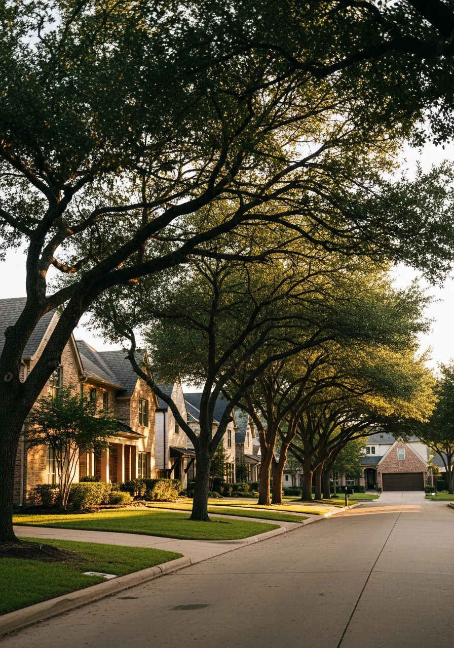 Residential neighborhood in Dallas showing tree-lined street and varied architectural styles.