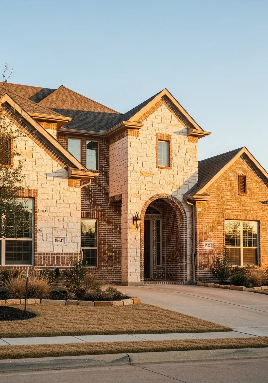 Close-up of a Flower Mound home's front entrance showing landscaping and architectural detail common to the area.