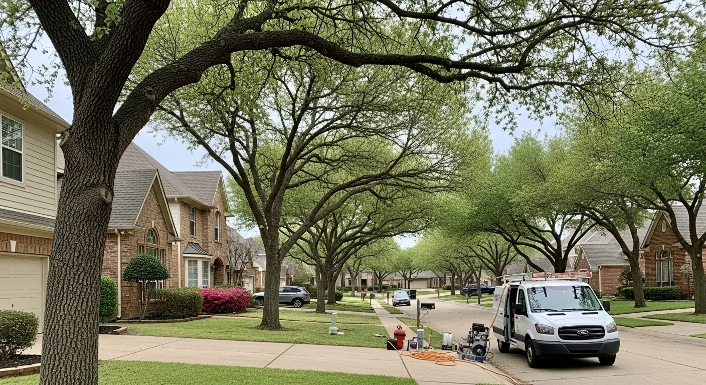 Residential street in Flower Mound with mature trees and brick homes typical of the community's established neighborhoods.