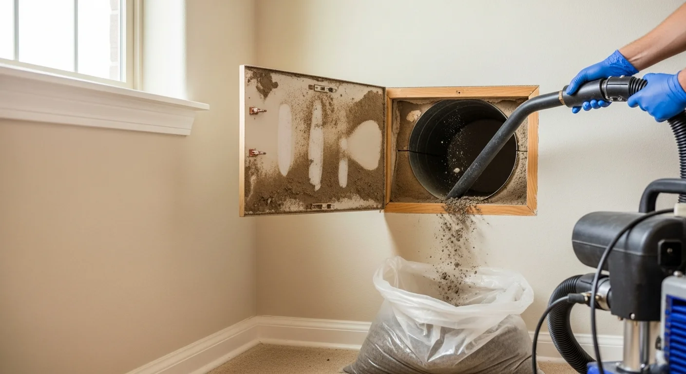 A Flower Mound, TX home's supply vent and surrounding wall shown before and after professional air duct cleaning, with visible dust and debris removed from the duct interior. A technician from The Odor Pros LLC uses commercial vacuum equipment connected to the main trunk line during the cleaning process.