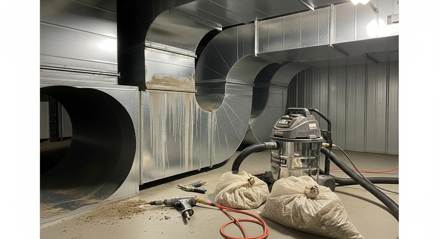 Commercial air duct interior before and after cleaning inside a Flower Mound, TX office building, showing removed dust and debris buildup from supply duct walls. Technician using commercial vacuum equipment connected to a ceiling register in a commercial space.