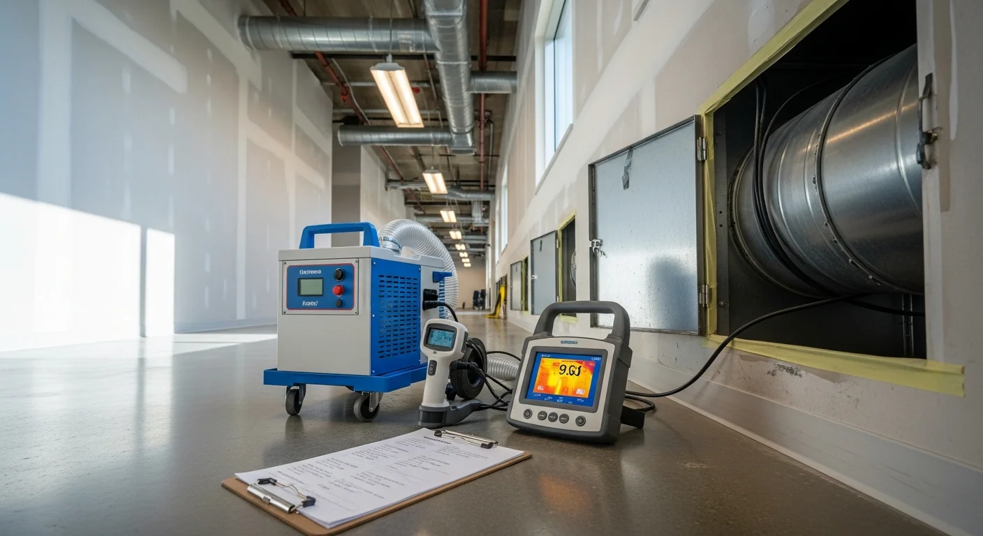 A commercial interior in Flower Mound, Texas showing a clean, odor-free office or retail space after professional odor removal treatment. A technician from The Odor Pros LLC is visible assessing treated wall and flooring surfaces near a commercial HVAC vent.