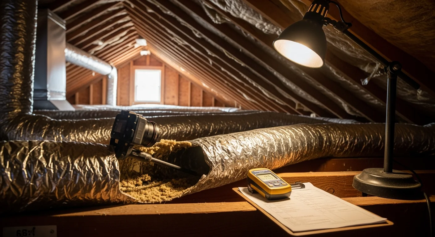 A technician from The Odor Pros LLC inspecting residential HVAC ductwork inside a Flower Mound, TX home. The image shows a flashlight being used to examine the interior of a supply duct for dust buildup and moisture damage.