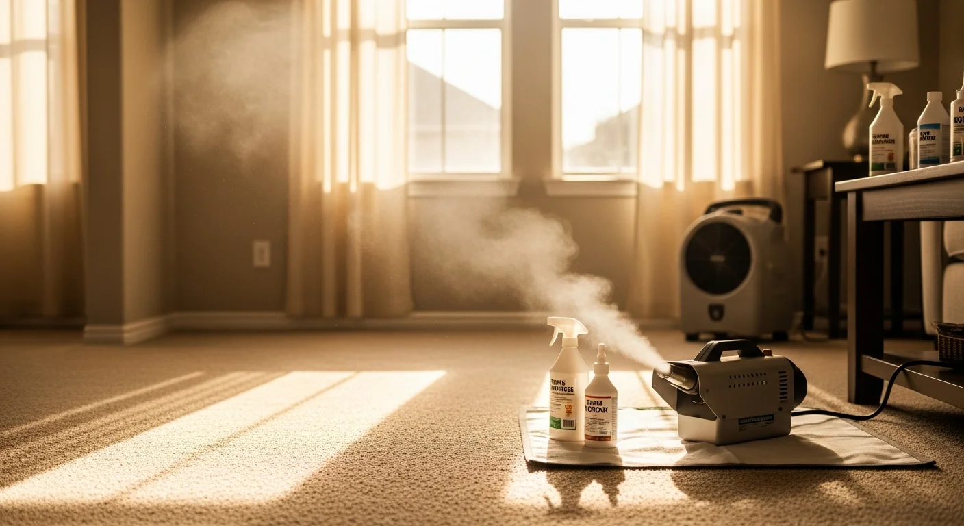 A Flower Mound, TX home interior after professional odor removal service, showing a clean living area free of visible staining or residue on carpet and walls. A technician from The Odor Pros LLC conducts a post-treatment inspection of the treated space.
