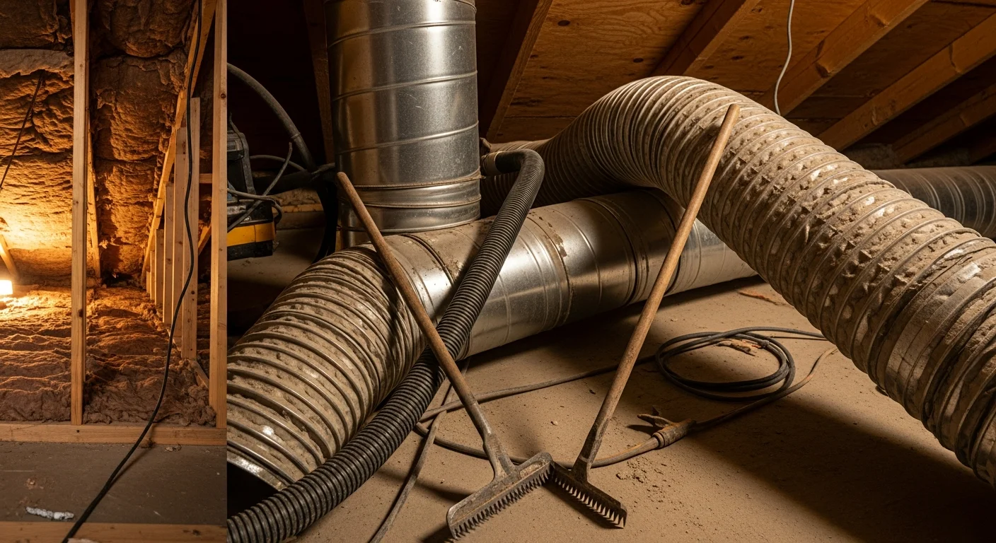 A technician from The Odor Pros LLC using commercial-grade vacuum equipment to clean residential ductwork inside a Flower Mound home. The image shows a supply duct register removed and cleaning tools inserted into the duct opening, with visible dust debris being extracted.