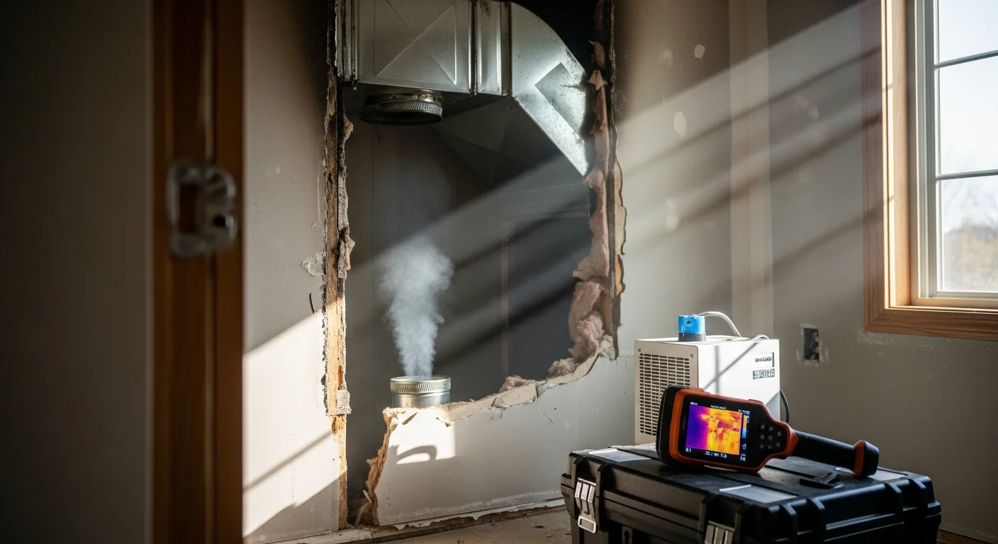 Interior of a Flower Mound, TX home showing a living room being assessed for smoke odor removal after fire damage, with visible discoloration on walls and ceiling. A technician from The Odor Pros LLC inspects the affected surfaces before treatment.